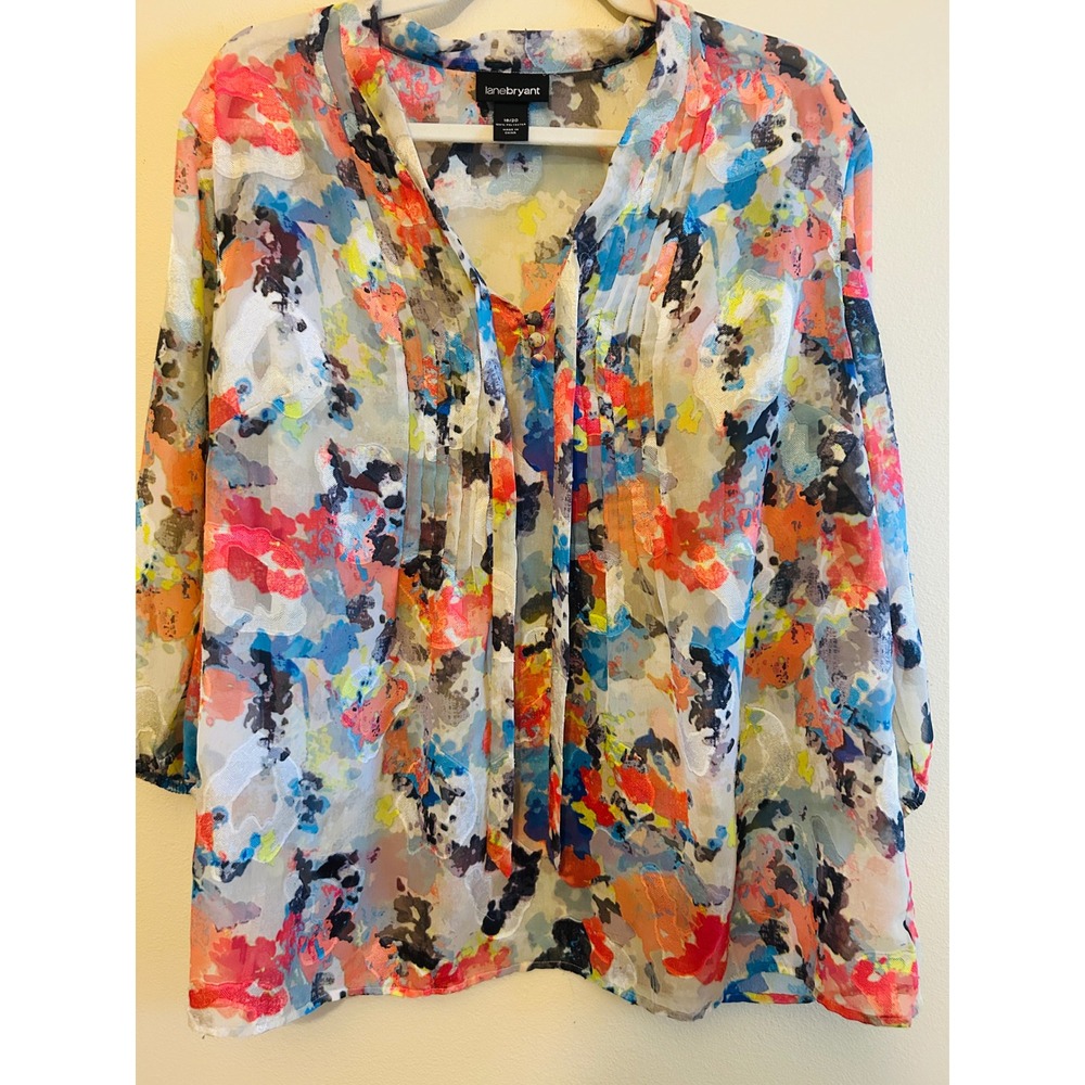 Lane Bryant Blouse Womens 18/20 Multicolor Excellent Abstract Tie Neck Pleated